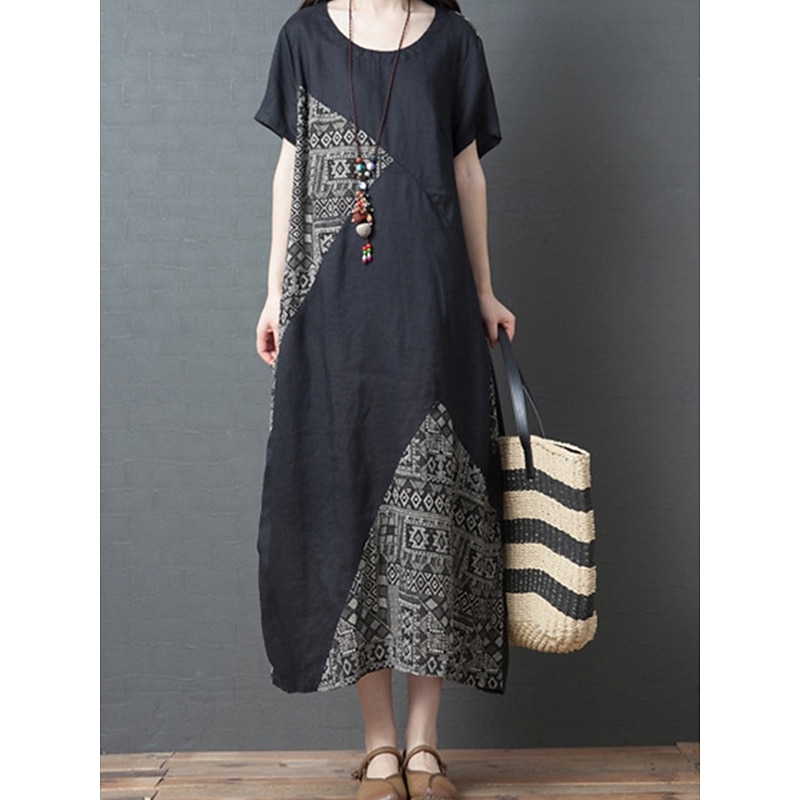 Women's Maxi Dress Casual Dress Cotton Linen Dress A Line Dress Basic Casual Vacation Daily Regular Fit Graphic Short Sleeve Crew Neck Black Summer