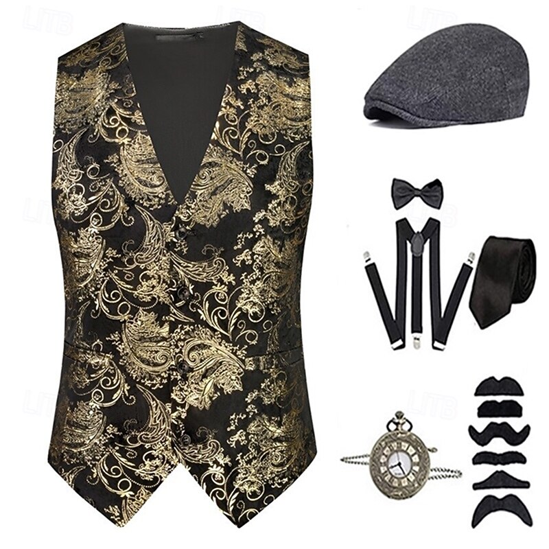 1920s Vintage Inspired The Great Gatsby Party Costume Accesories Set Sleeveless Printing Collarless Fancy Dress Men's Halloween Party & Evening Casual Daily Adults' Vest Hat All Seasons4