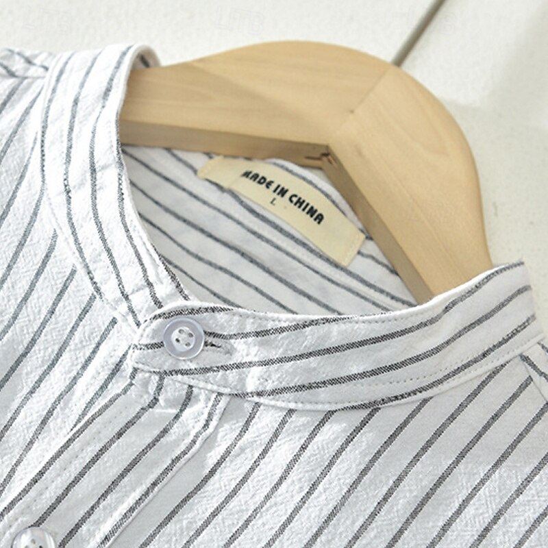 Men's Shirt Linen Shirt Casual Shirt Button Up Shirt Cotton Shirt Stripe Vacation Street White Wine Royal Blue Short Sleeve Grandad Collar Summer Clothing Apparel Button-Down2