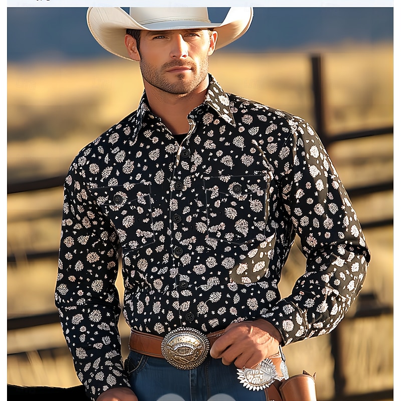 Men's Floral&Plants Western Shirt Button Up Shirt Cowboy Shirt Long Sleeve Western Vintage Retro Outdoor Casual Summer Spring Fall Turndown Collared Shirts Front Two Pockets Black