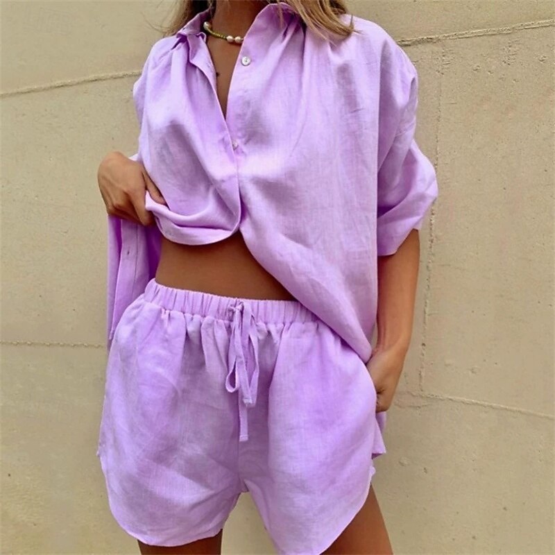 Women's Vacation Hawaiian Shirt Linen-Inspired Sets Two Piece Sets Beach Shorts Baggy Shorts Short Sleeve Shirt Collar Solid Color Drawstring Daily Wear Date White Purple Beige Summer Regular Fit