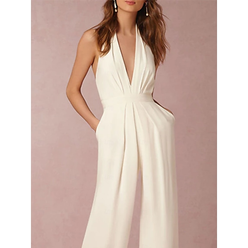 Hall Sexy Casual Wedding Dresses Tuxedo Dress Jumpsuits Halter Neck Sleeveless Floor Length Satin Bridal Gowns With Pleats3