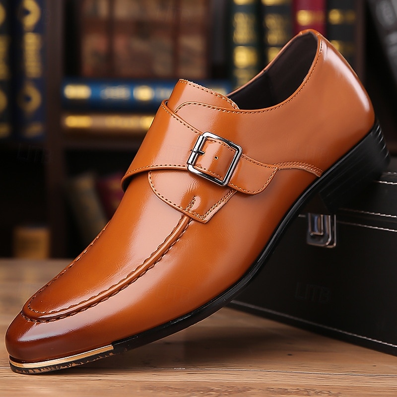 Men's Tan Faux Leather Monk Strap Shoes with Buckle Detail, Elegant Formal Footwear for Business and Special Occasions