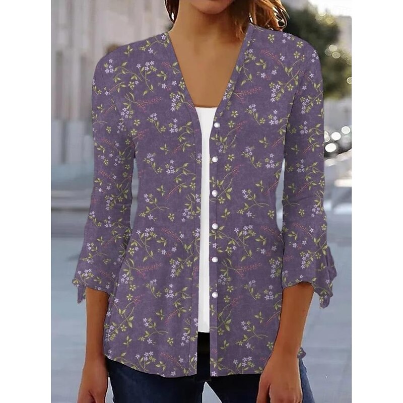Women's Shirt Floral Basic 3/4 Length Sleeve Square Neck Regular Tops Daily Linen Like Print Purple Spring Fall
