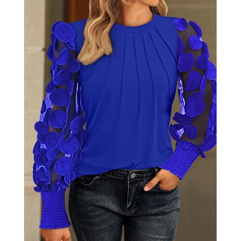 Blouse Women's 6 black Black+white+grey Black Lace Flower / Plants Lace Print Daily Elegant Round Regular Fit S3