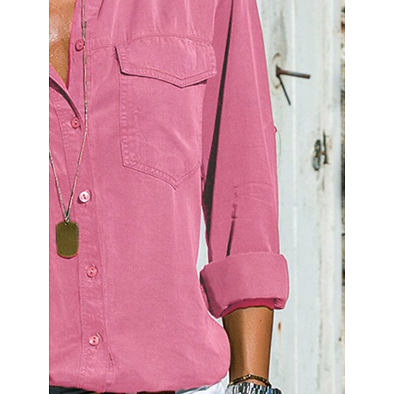 Women's Shirt Blouse Solid Color Stylish Casual Long Sleeve Shirt Collar Regular Tops Daily Buttons Black Rose Pink Gray Summer Spring Fall3