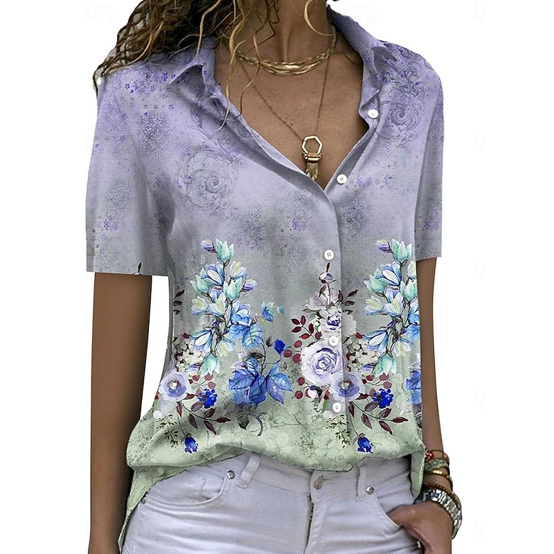 Women's Shirt Blouse Graphic Stylish Casual Short Sleeve Shirt Collar Regular Tops Work Daily Holiday Buttons Print Pink Blue Green Summer Spring