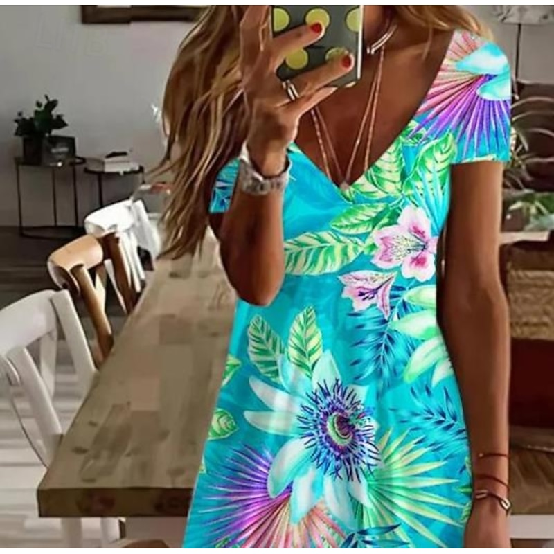 Women's Mini Dress Casual Dress Elegant Tropical Hawaiian Daily Regular Fit Floral Short Sleeve Crew Neck White Pink Light Red Blue Summer3