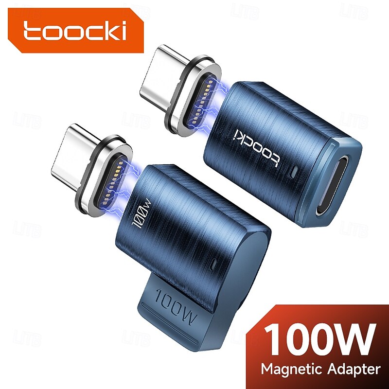 Toocki 100W USB-C To Type-C Magnetic Adapter 2 in 1 PD Fast Charging Type-C Connector Data Sync 90 Degree USB-C Magnet Converter
