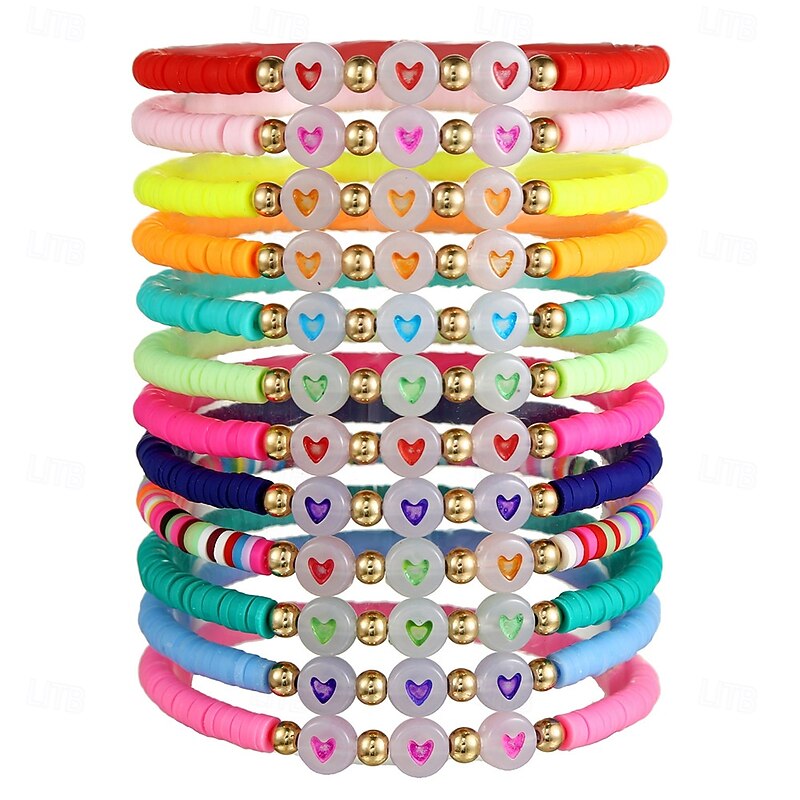 12pcs Glow-in-the-Dark Heart-Shaped Beads Soft Clay CCB Elastic Bracelet Set, Mixed Color, Fashion3