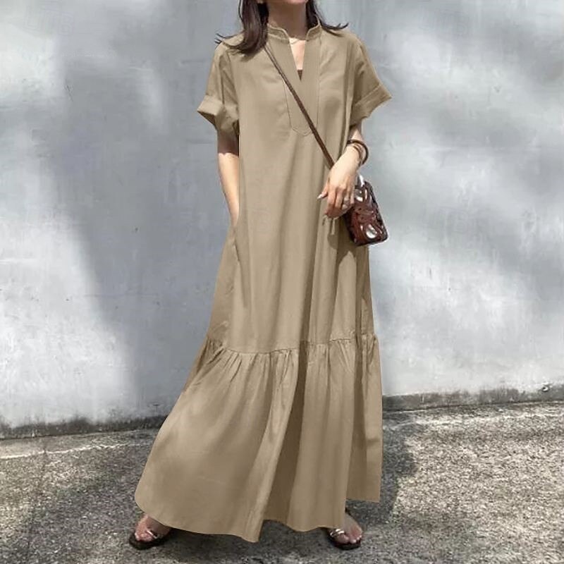 Women's Long Dress Maxi Dress Linen-Inspired Dresses Casual Dress Cotton Linen Dress Stylish Casual Vacation Daily Date Regular Fit Plain Short Sleeve Stand Collar Black Wine Khaki Summer Spring4