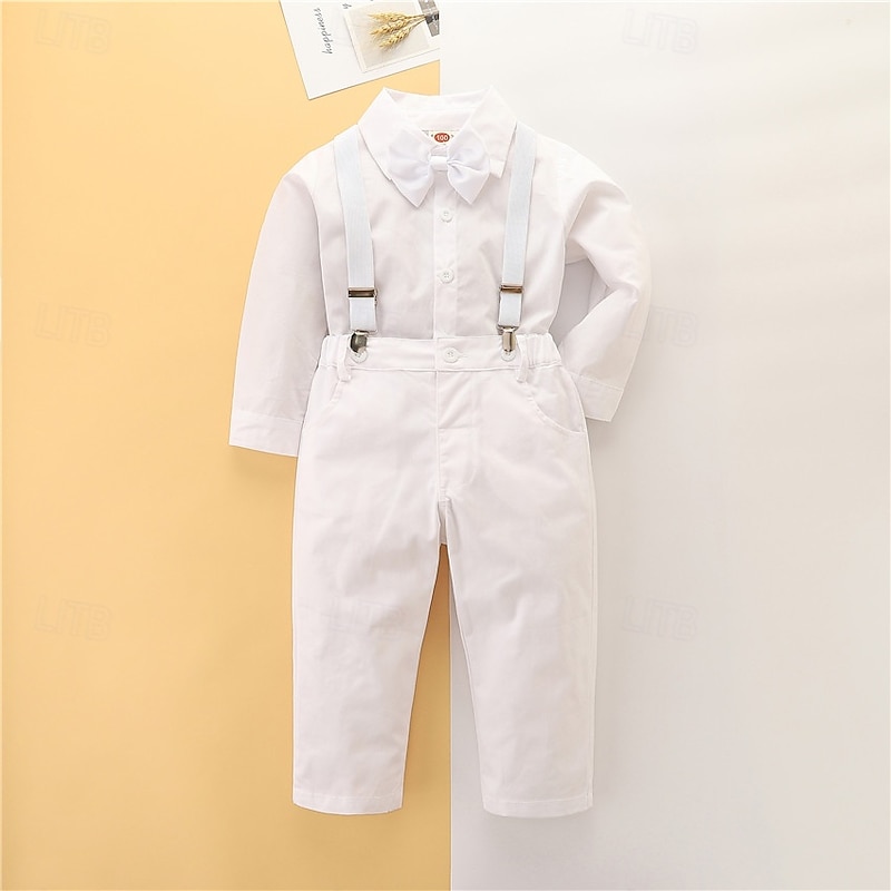 3 Pieces Ring Bearer Suit Boys Kids Toddler Shirt & Pants School Formal Party Basic Casual Gentle Solid Color V Neck White Cotton
