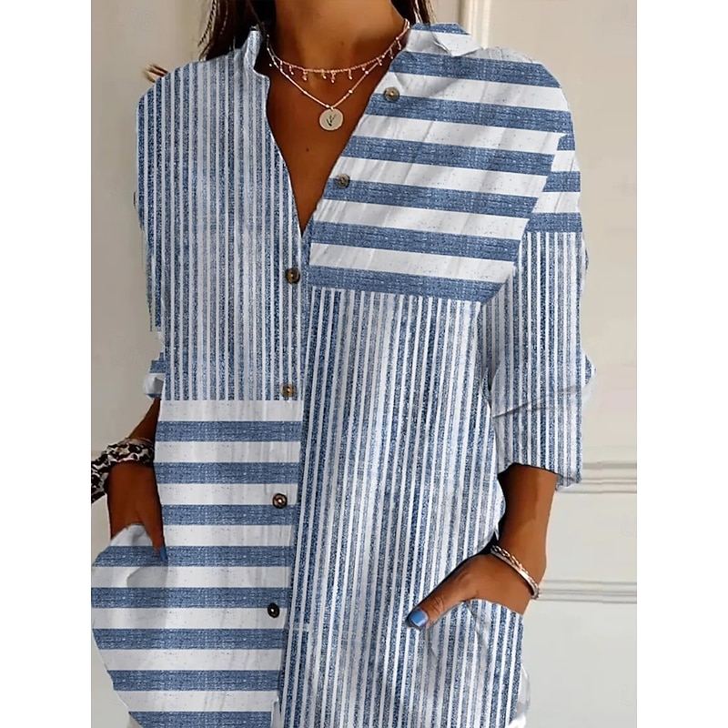 Women's Shirt Button Down Tunic Shirt Collar Long Sleeve Graphic Geometric Striped Daily Stylish Retro Vintage Regular Tops Daily Holiday Going out s Light Blue Spring2