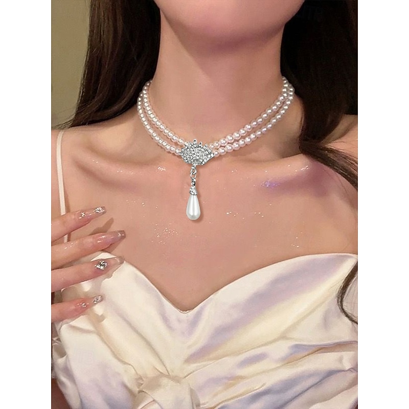 Elegant Pearl Bridal Jewelry Set – Double-Layer Necklace & Drop Earrings with Rhinestone Accents, Vintage Wedding Accessories for Women, Formal Evening & Party Jewelry