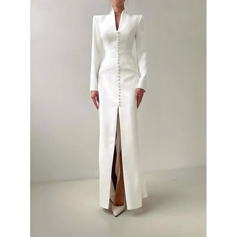 Tuxedo Dress Mermaid / Trumpet Mermaid Wedding Guest Stretch Crepe Elegant High Split Long Sleeve Floor Length V Neck3