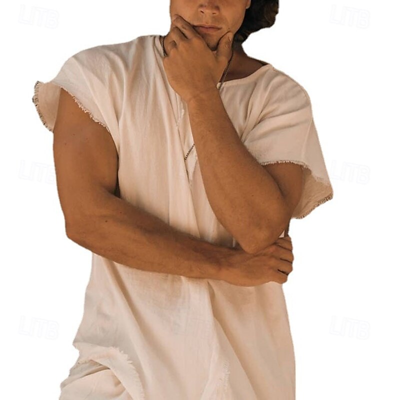 Men's Linen Shirt T Shirt Short Sleeve Crew Neck Summer Spring Solid Color Elegant Neutral Daily Crewneck School Training Outdoor Beige Top Tee for Men3