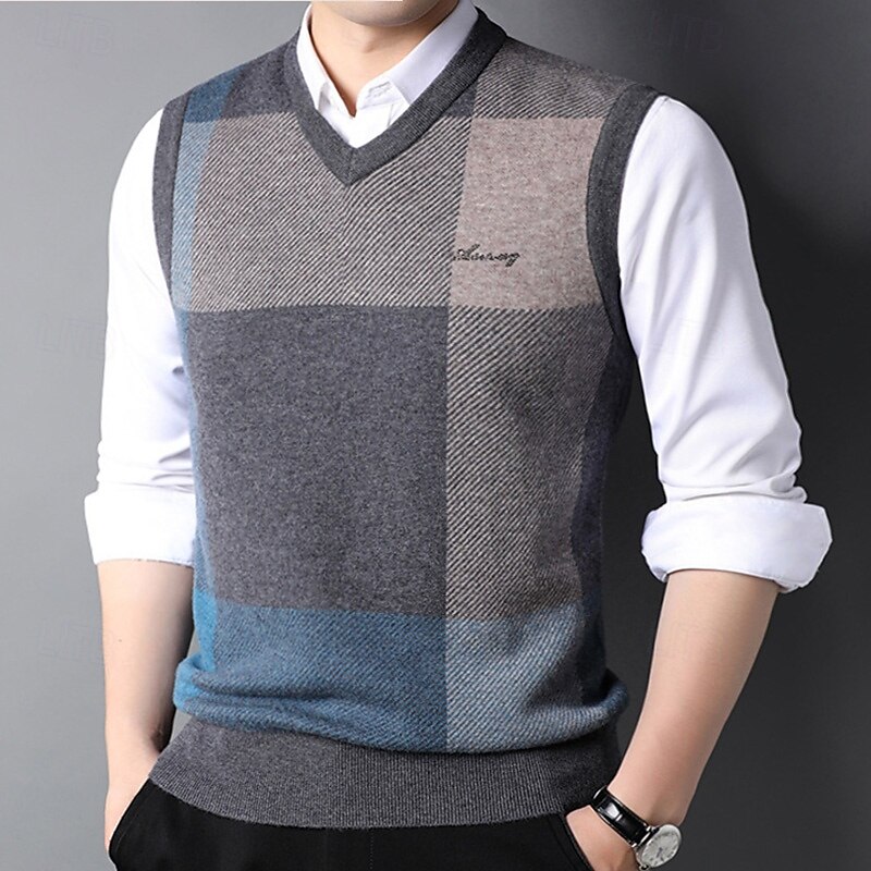 Men's 100% Wool Sweater Vest Knit Check Pattern Plaid V Neck Knitwear Elegant School Formal Clothing Apparel Spring Fall Dark Green Light Grey S M L2