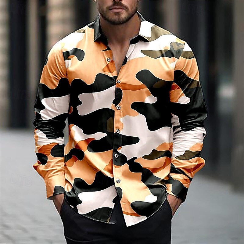 Men's Shirt Summer Shirt Casual Shirt Beach Shirt Button Up Shirt Black / Orange Pink Blue Orange Army Green Long Sleeve Camo Lapel Vacation Hawaiian Buttons Clothing Apparel Polyester Fashion Casual2