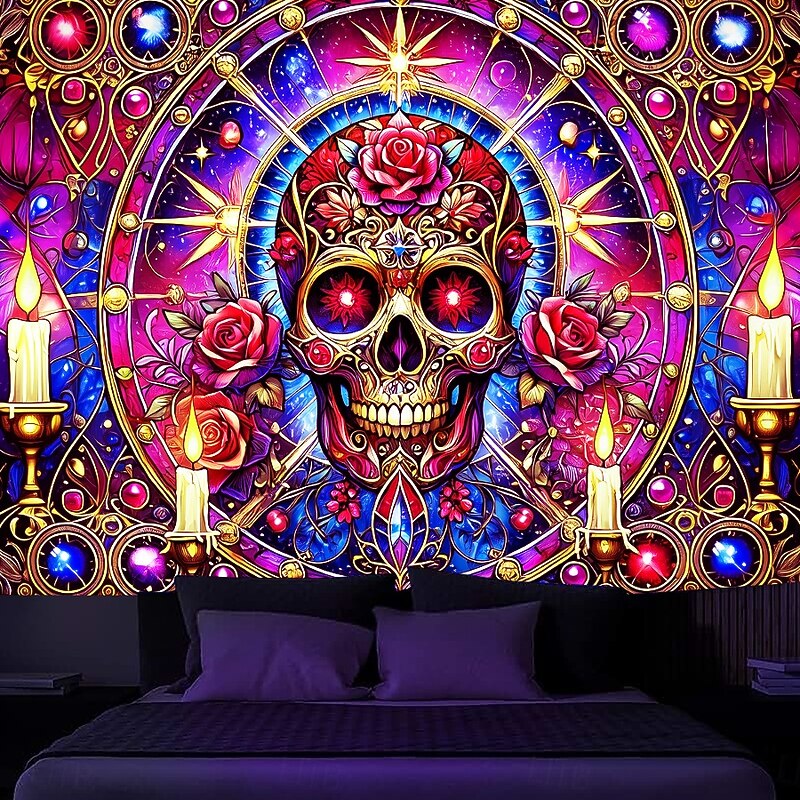 Halloween Blacklight Tapestry Glow in the Dark Glow Party UV Reactive Skull Trippy Misty Nature Landscape Hanging Tapestry Wall Art Mural for Living Room Bedroom