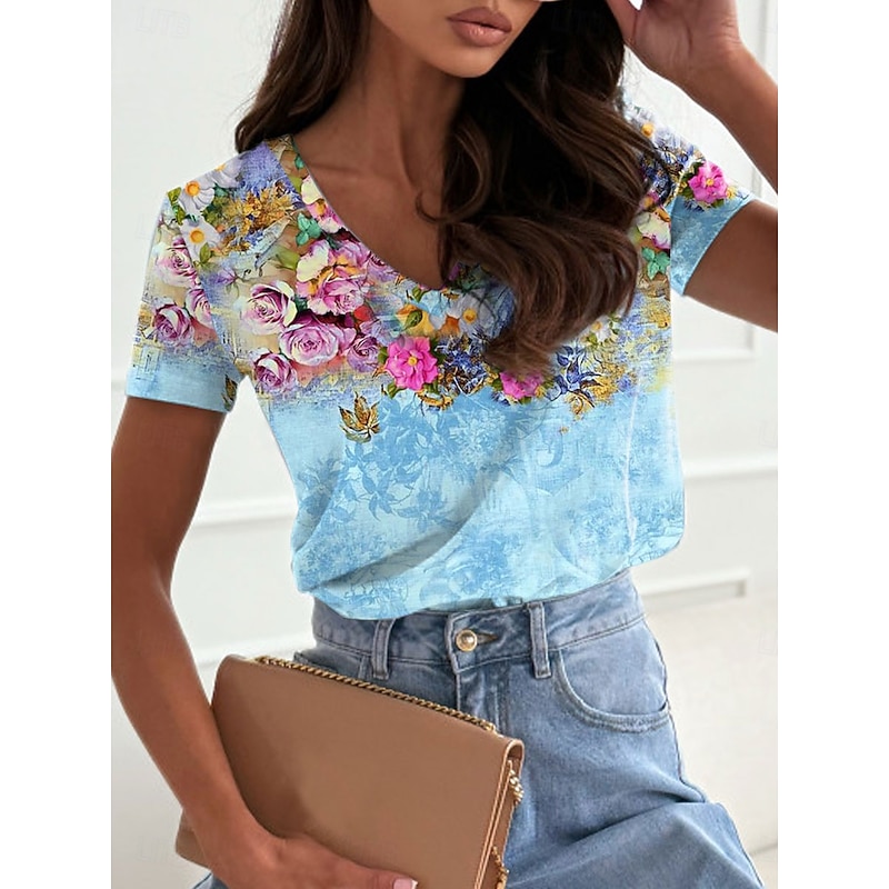 Women's T Shirt Floral Casual Short Sleeve V Neck Regular Tops Daily Print Pink Blue Green Summer