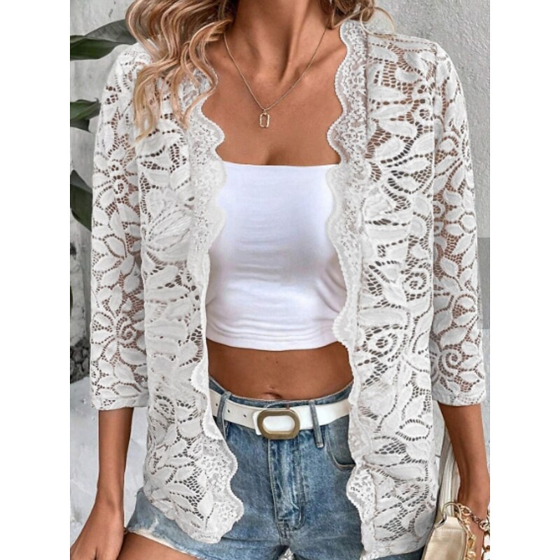 Women's Outerwear Casual Jacket Breathable Comfortable Lace Patchwork Casual Plain Vacation Street Daily Wear Going out Open Front Collarless Regular Fit 3/4 Length Sleeve Outerwear Black White