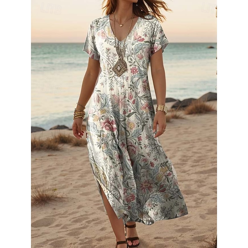 Women's Maxi Dress Casual Dress A Line Dress Stylish Casual Vacation Daily Regular Fit Floral Short Sleeve V Neck Light Pink Light Purple Purple Beige Spring Fall4