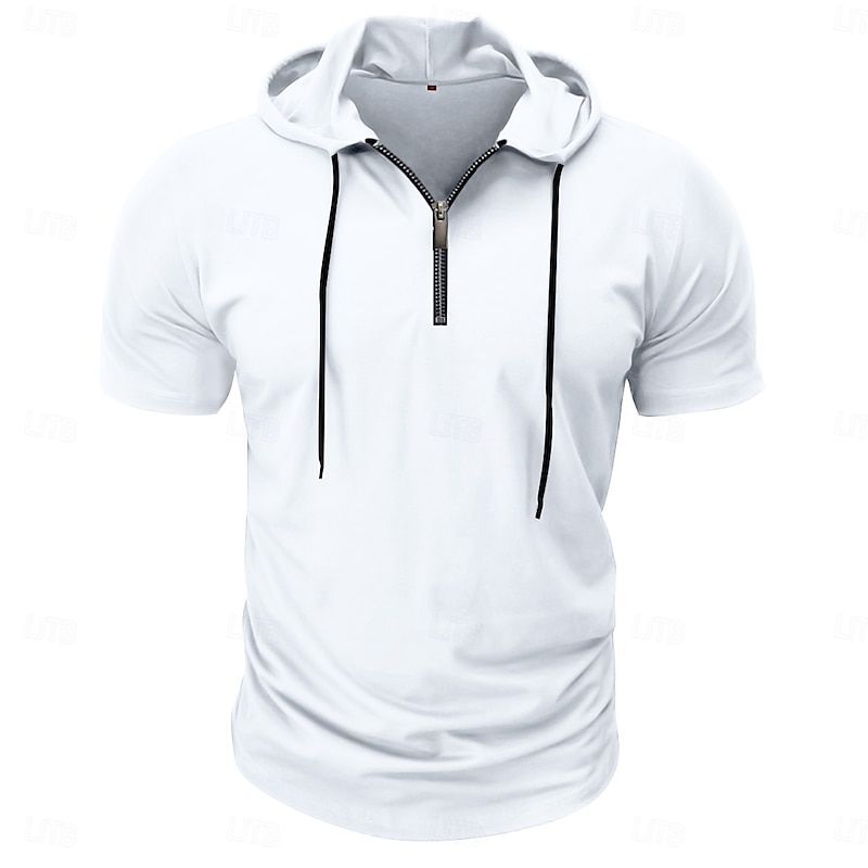 Men's T Shirt Zip Up Hoodies Tee Top Short Sleeve Zip Summer Spring Solid Color Traditional / Vintage Hooded Formal Home Sports & Outdoor Black White Gray Top Tee for Men3