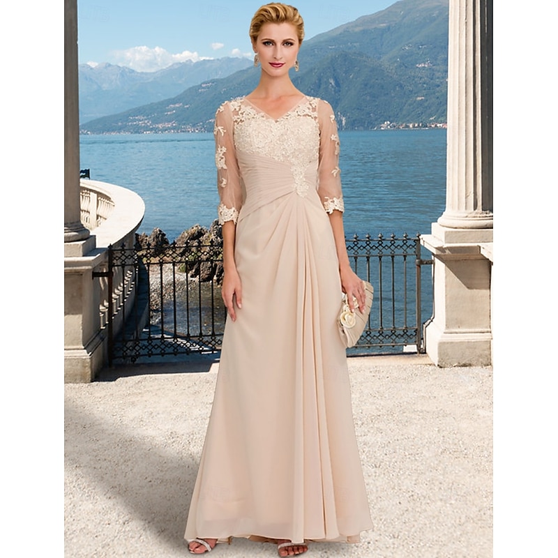 A-Line Mother of the Bride Dress Wedding Guest Elegant Plus Size See Through V Neck Floor Length Chiffon Half Sleeve with Appliques Side Draping