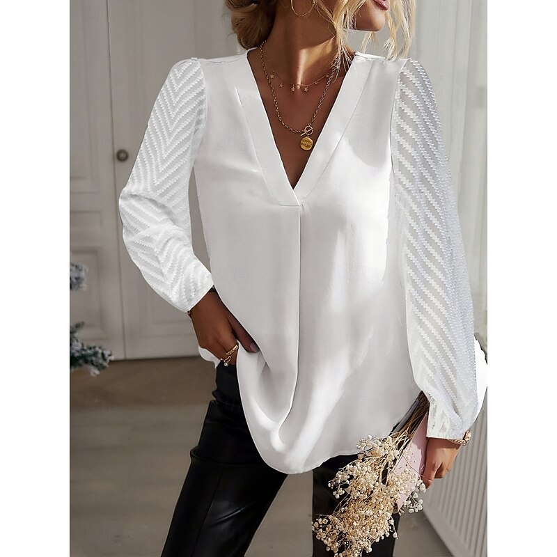 Women's Shirt Blouse Solid Color Stylish Casual Long Sleeve V Neck Regular Tops Daily Lace Patchwork White Summer Spring3