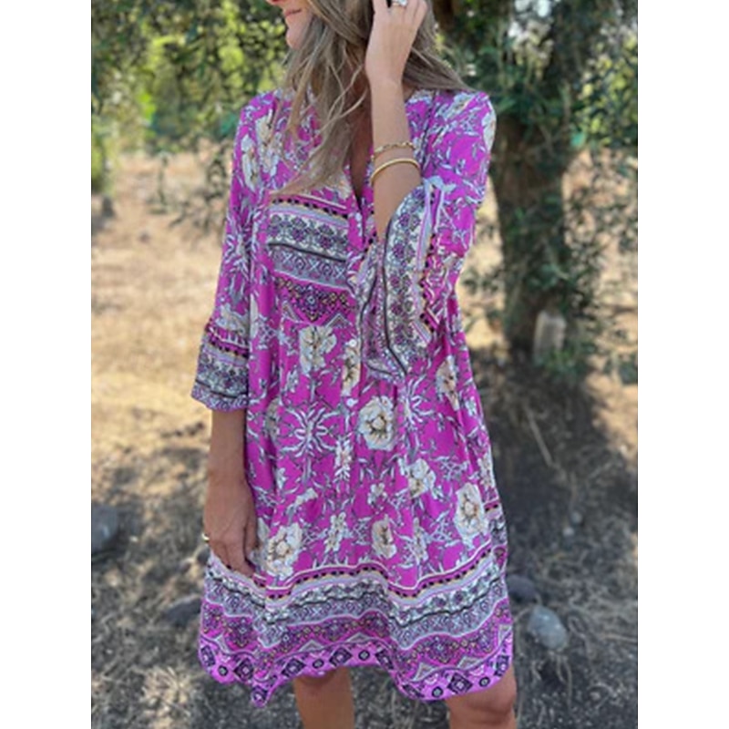 Women's Midi Dress A Line Dress Boho Dress Stylish Casual Vacation Daily Regular Fit Floral 3/4 Length Sleeve V Neck Navy Blue Royal Blue Purple Spring Fall4