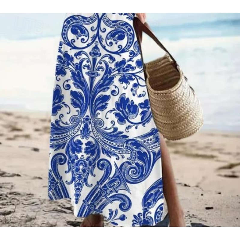 Women's Maxi Dress Paisley Dress Casual Dress Long Sleeve Boho Dress A Line Dress Bohemia Vacation Vintage Vacation Daily Regular Fit Floral Short Sleeve V Neck Aqua Blue Summer Spring3