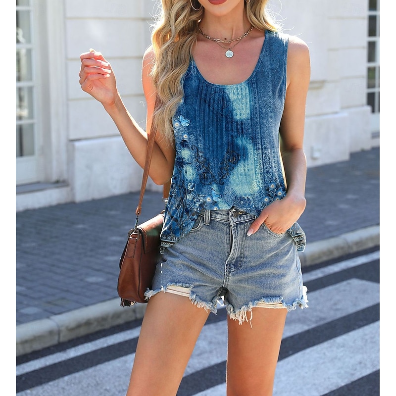 Women's Summer Tops Geometric Plants Bohemia Fashion Sexy Sleeveless Sleeveless U Neck Regular Tops Daily Going out Weekend Print Asymmetrical Tiered Gray / White White / Black Grass Green White Red2