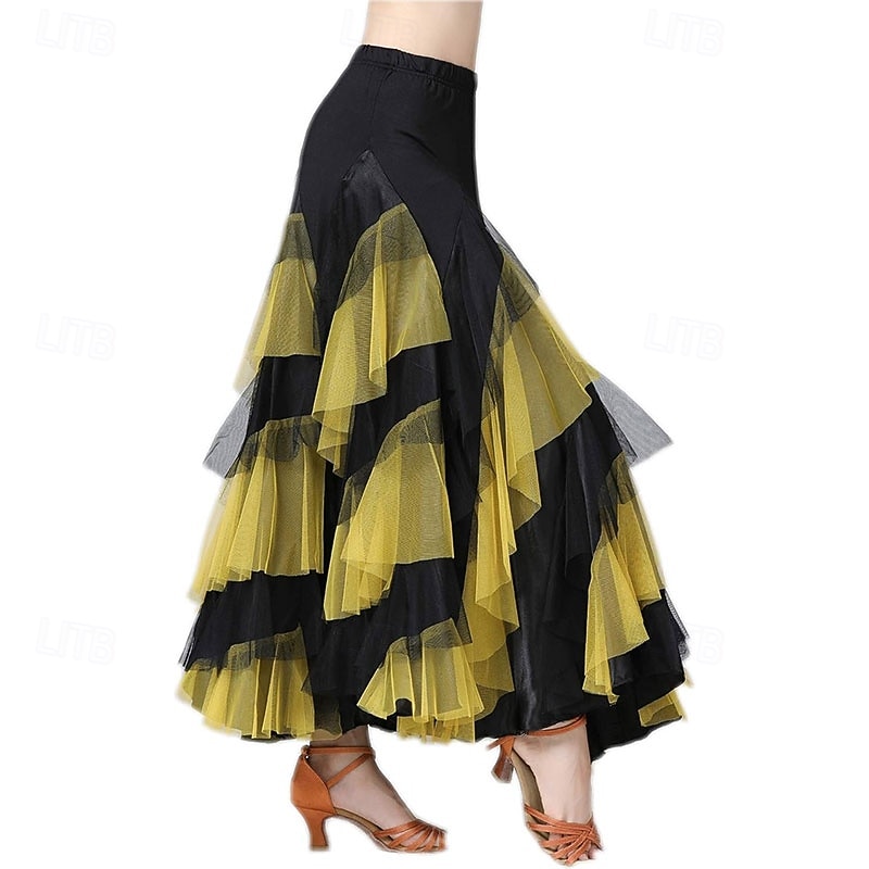 Women's Elegant Dance Hall Latin Dance Party Long Skirt with Layered Hem2