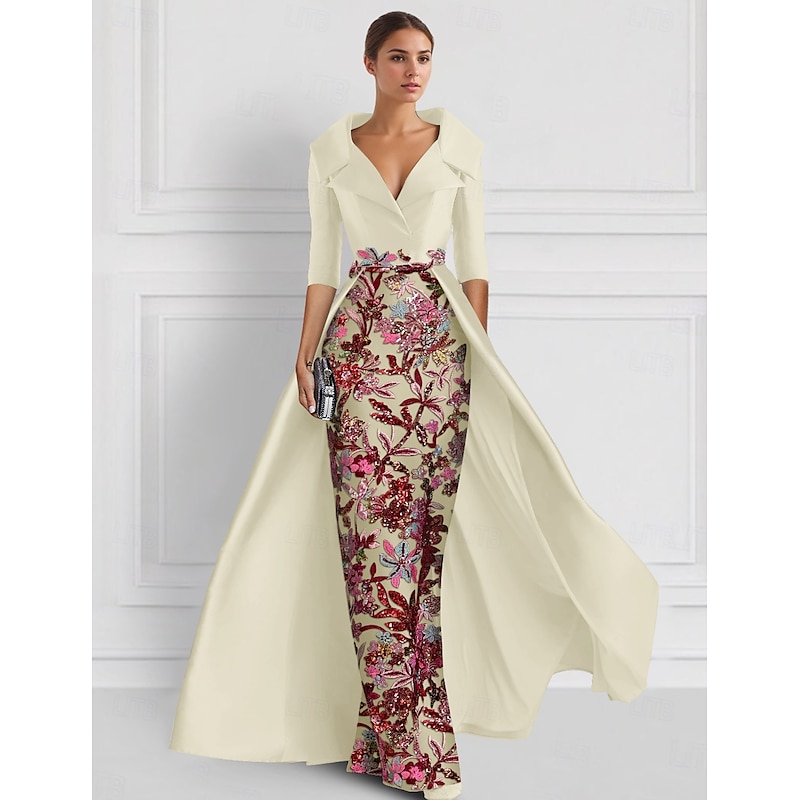 Embroidered Ball Gown A-Line Evening Gown Elegant Dress Formal Wedding Floor Length Half Sleeve Shirt Collar Satin with Slit Appliques 23