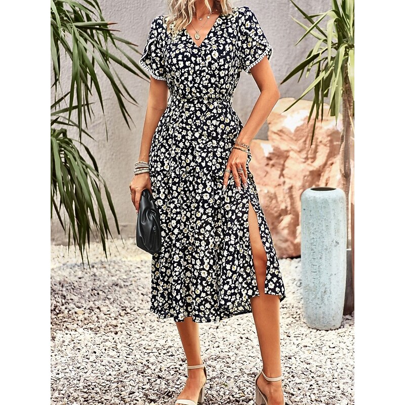 Women's Midi Dress Casual Dress Swing Dress A Line Dress Stylish Casual Vacation Daily Regular Fit Floral Short Sleeve V Neck Black White Purple Green Summer4