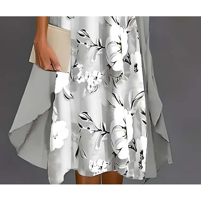 Women's Graduation Dress Midi Dress Chiffon Dress Shift Dress Elegant Vacation Flowy Formal Wedding Wedding Guest Loose Fit Floral Half Sleeve Crew Neck Gray Summer Spring3