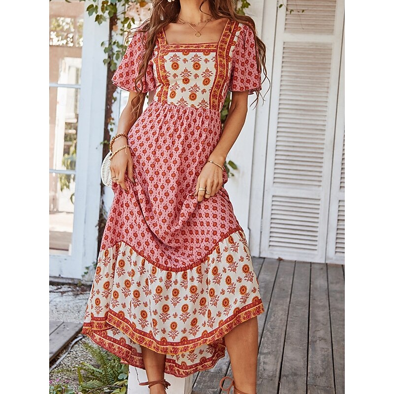 Women's Maxi Dress Casual Dress Swing Dress A Line Dress Stylish Casual Vacation Daily Regular Fit Floral Short Sleeve Square Neck Yellow Pink Orange Green Summer4