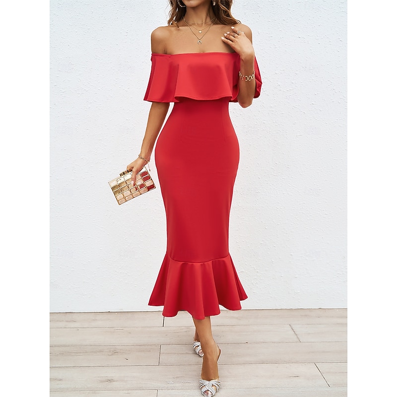 Retro Vintage 1950s 1960s Midi Dress Pencil Dress Off Shoulder Solid Color Fancy Dress Women's Wedding Vacation Homecoming Adults' Dress2
