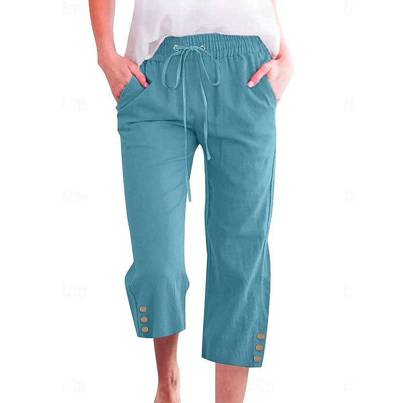 Women's Cotton Linen Shorts Linen-Inspired Pants Cotton Linen Pants Fashion Streetwear Basic Calf-Length Medium Waist Plain Pocket Elastic Waistband Comfort Outdoor Micro-elastic Vacation Street Daily