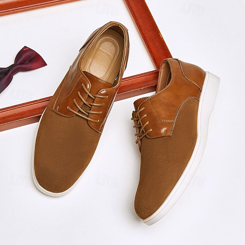 Men's Brown Lace-Up Casual Shoes with Suede and Patent Leather Upper, Comfortable Footwear for Daily Wea2