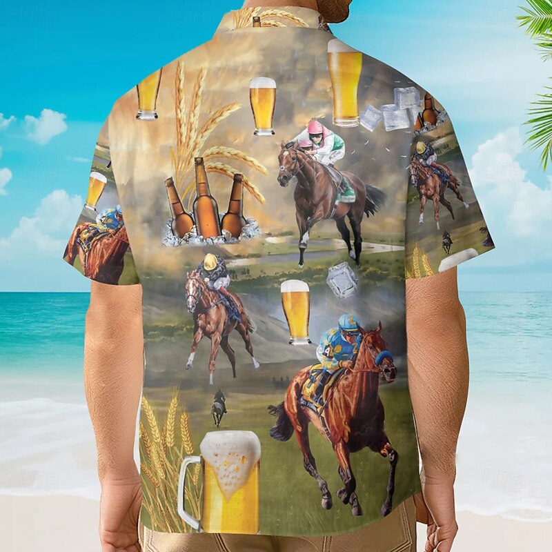 Kentucky Derby Men's Beer Horse Racing Shirt Cuban Collar Shirt Short Sleeve Vintage Retro Vacation Holiday Festival Summer Spring Camp Collar Shirt 3D Print Funny Kentucky Derby Shirts Yellow3