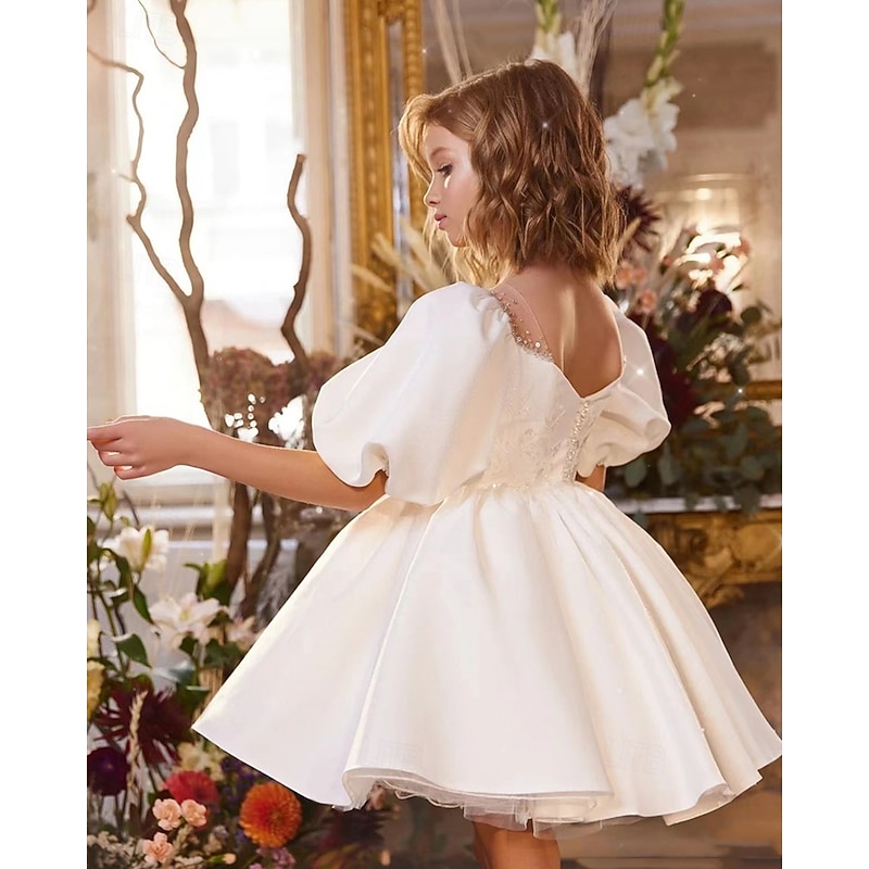 Flower Girl Dress Kid's Girls' Princess Dress Performance Wedding Party Elegant Beautiful Mesh Solid Color Short Sleeve Crew Neck White 4 years+3