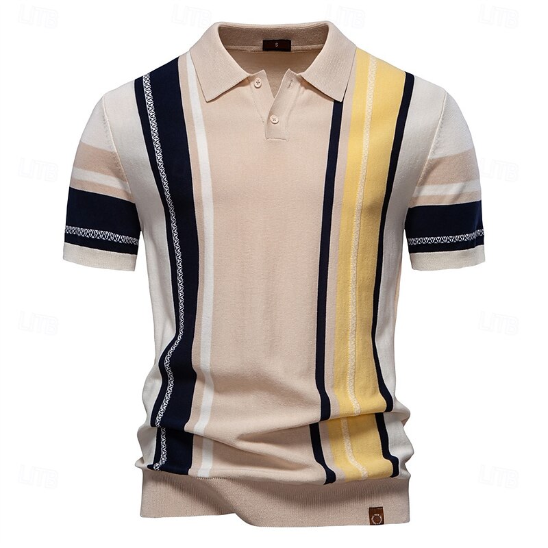 Men's Polo Knit Polo Sweater Formal Work Turndown Short Sleeve Striped Vertical Stripes Stripe-Trim Stripe Spring Beige Polo
