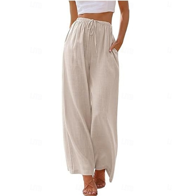 Women's Culottes Wide Leg Cotton Linen Pants Chinos Fashion Basic Full Length Medium Waist Plain Pocket Drawstring Comfort Outdoor Micro-elastic Vacation Street Daily Apricot Dark Gray Black White