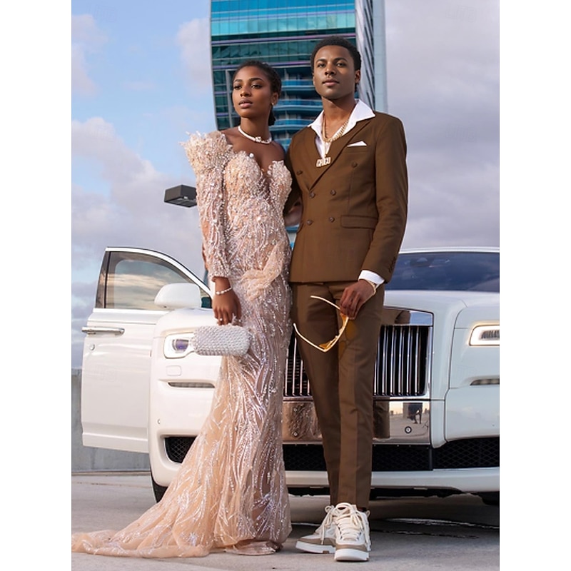 Men's Party Prom Party Suits Brown Fashion Formal Solid Colored Standard Fit 2 Piece Double Breasted Six-buttons