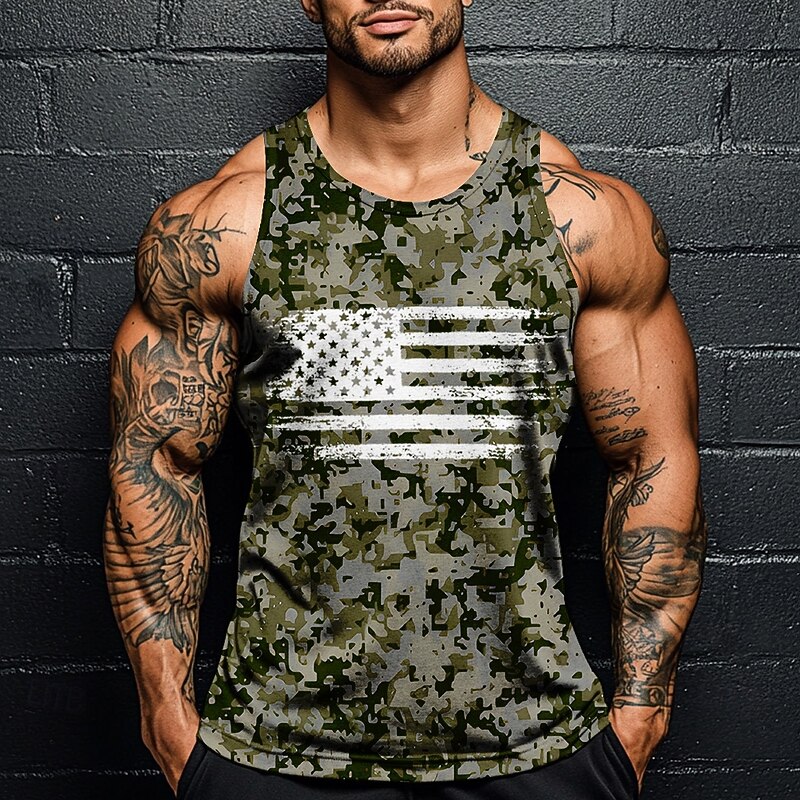 Veterans Day Men's Patriot Patriotic Veteran Camo Camouflage T Shirt Vest Top Sleeveless T shirt 3D Print Crew Neck Shirt Vacation Casual Hawaiian Holiday Red Navy Blue Green Summer Spring Clothing