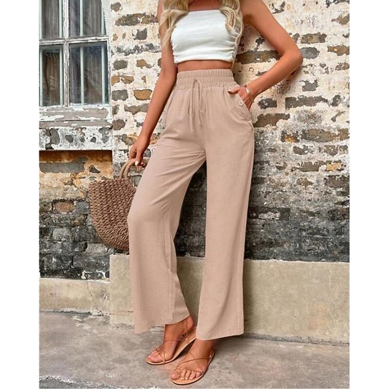 Women's Cotton Linen Shorts Linen-Inspired Pants Cotton Linen Pants Fashion Streetwear Comfort Full Length High Waist Plain Drawstring Elastic Waist Straight Leg Comfy Outdoor Comfortable Street