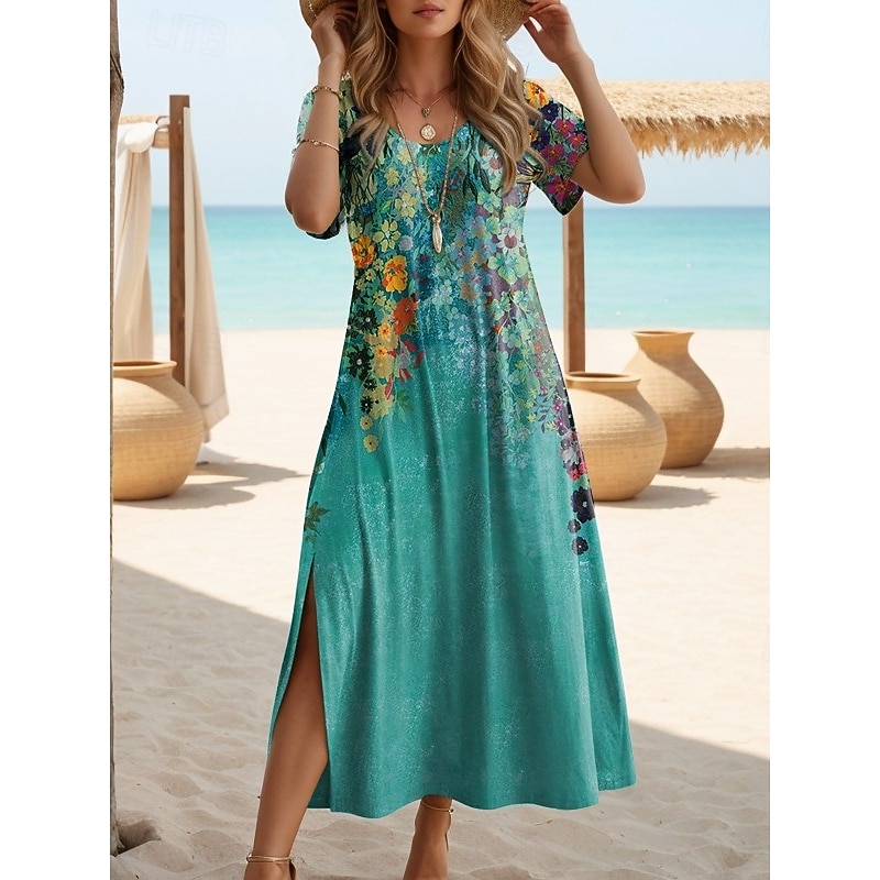 Women's Maxi Dress T Shirt Dress Tee Dress Sundress Shift Dress Elegant Vacation Vintage Vacation Party Holiday Regular Fit Floral Vintage Short Sleeve Crew Neck Peacock Blue3
