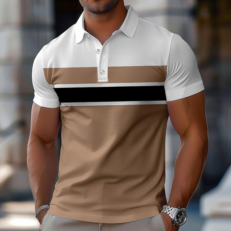 Men's Striped Rugby Polo Short Sleeve Polo Shirts Collared Shirts Casual School Athleisure Daily Wear 3D Print Summer Spring Fall Blue Sky Blue Brown4