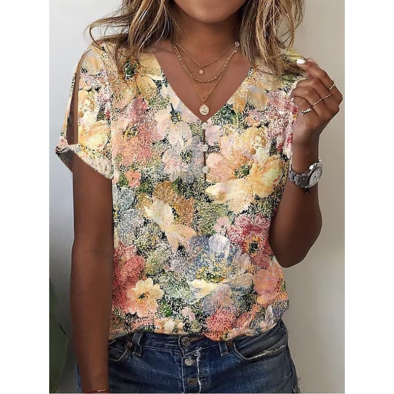 Women's Blouse V Neck Floral Graphic Casual Short Sleeve Regular Tops Daily Buttons Print Yellow Summer